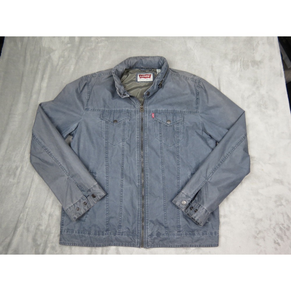 Levis Jacket Mens Large Blue Coated Cotton Field Jacket Packable Hood Full Zip